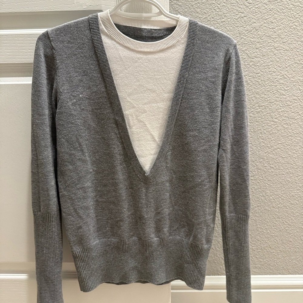 Gray and White V-Neck Sweater